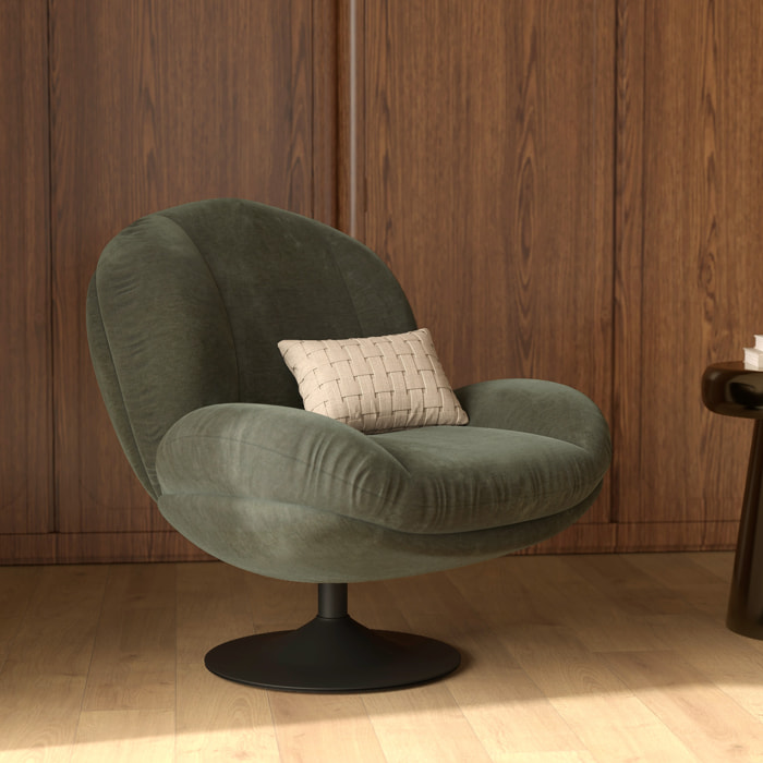 Fauteuil pivotant en tissu effet velours vert kaki - Ricci