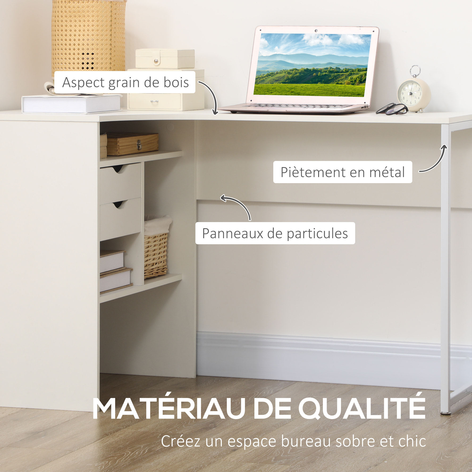 Bureau d'angle bureau informatique multimédia multi-rangement métal panneaux particules blanc