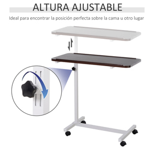Mesa Auxiliar con Ruedas, Mesa para Sofá y Cama, Altura Ajustable y Marco de Acero, para Dormitorio, Salón, Oficina, 77x40x76-100 cm, Nogal Oscuro y Blanco