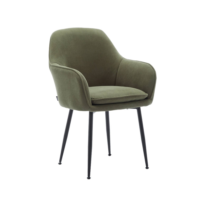 Fauteuil en velours côtelé kaki et pieds en métal noir mat. L 57 x P 59 x H 84.5
