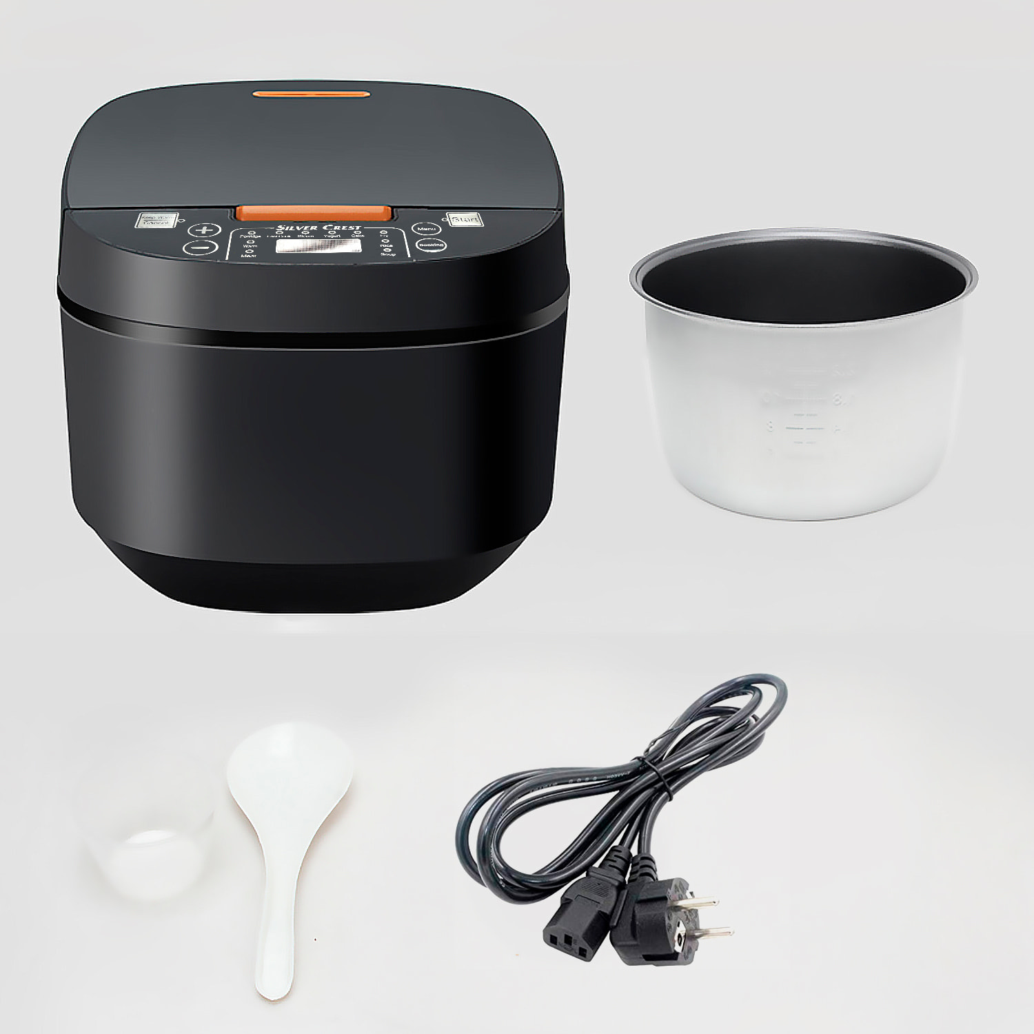 Cuociriso elettrico a calore tridimensionale e 900W. Funzioni e programmi di cottura pre- registrati. Ciotola antiaderente a 5 strati e capacità di 5L.