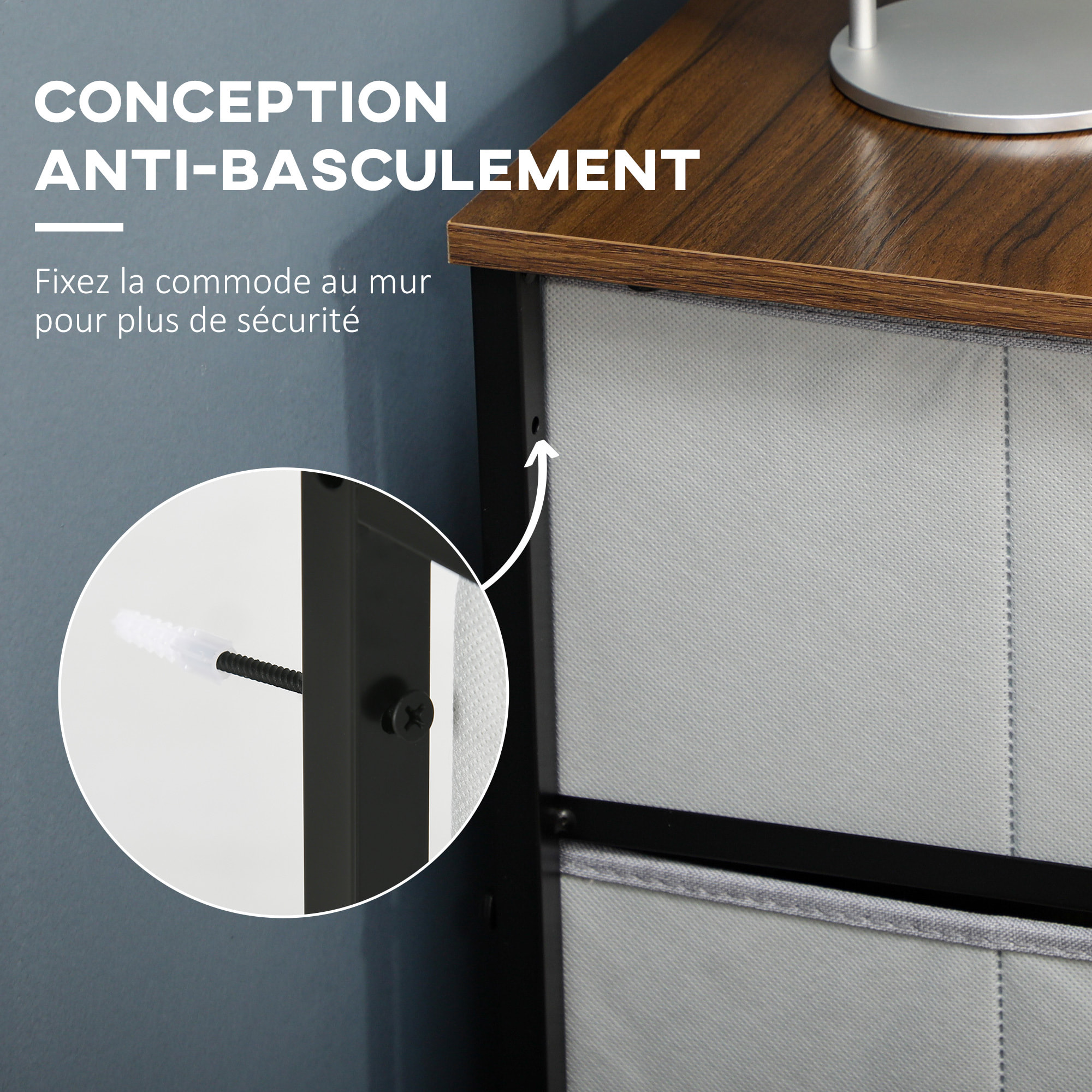 Commode meuble de rangement 6 tiroirs pliables châssis acier noir plateau aspect bois non tissé gris