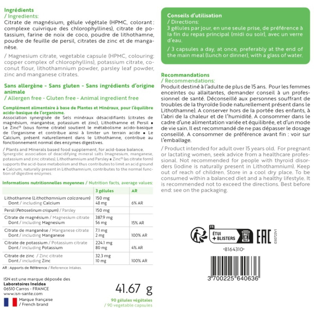 ISN - Acido-Base - Complément alimentaire à base de Lithothamne, Persil et minéraux désacidifiants- Aide à maintenir l'équilibre acido-basique - Cure de 30 jours