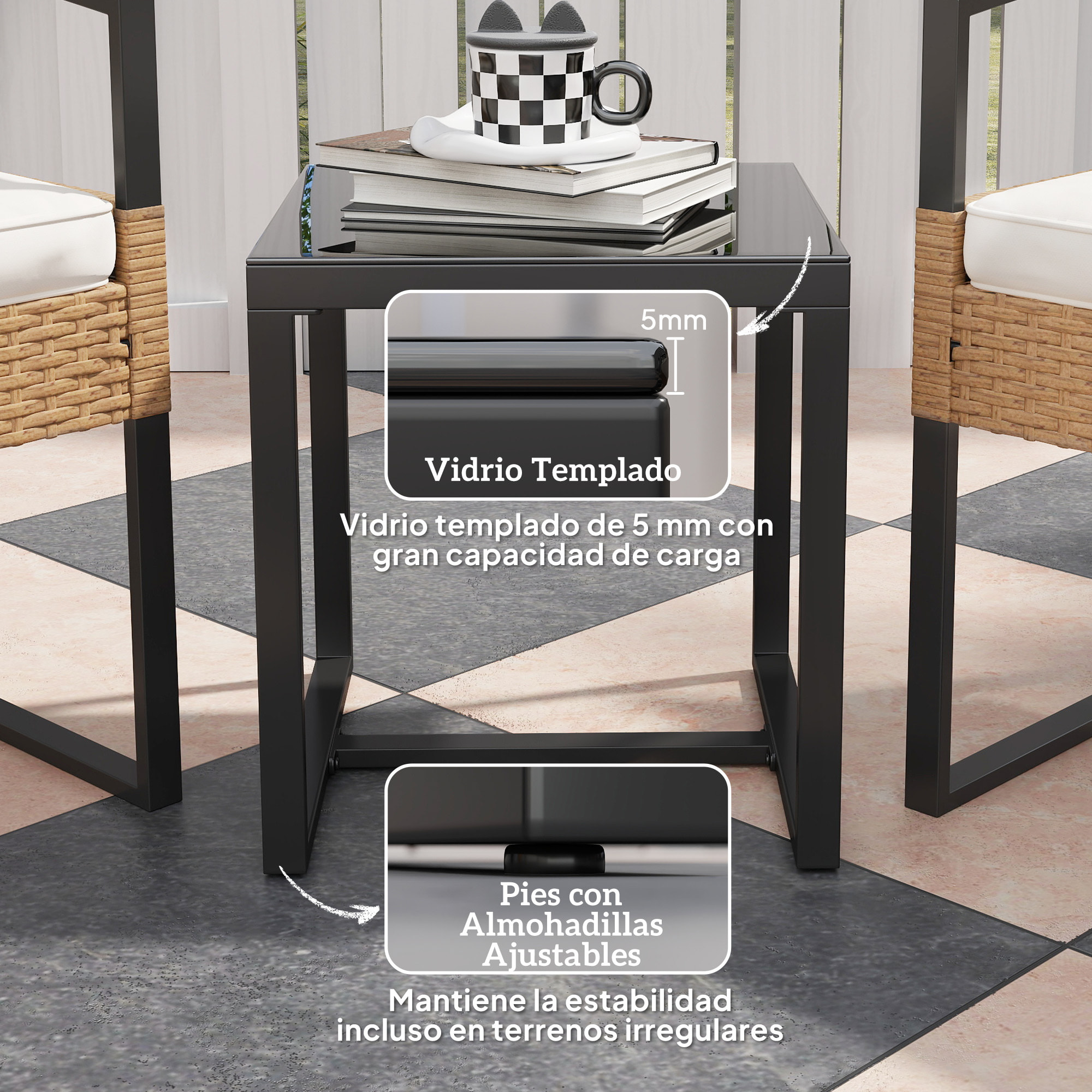 Conjunto de Jardín Exterior de 3 Piezas con Respaldo Ajustable Juego de 2 Sillas y Mesa de Ratán con Cojines Acolchados y Encimera de Vidrio Templado para Balcón Terraza Beige y Blanco