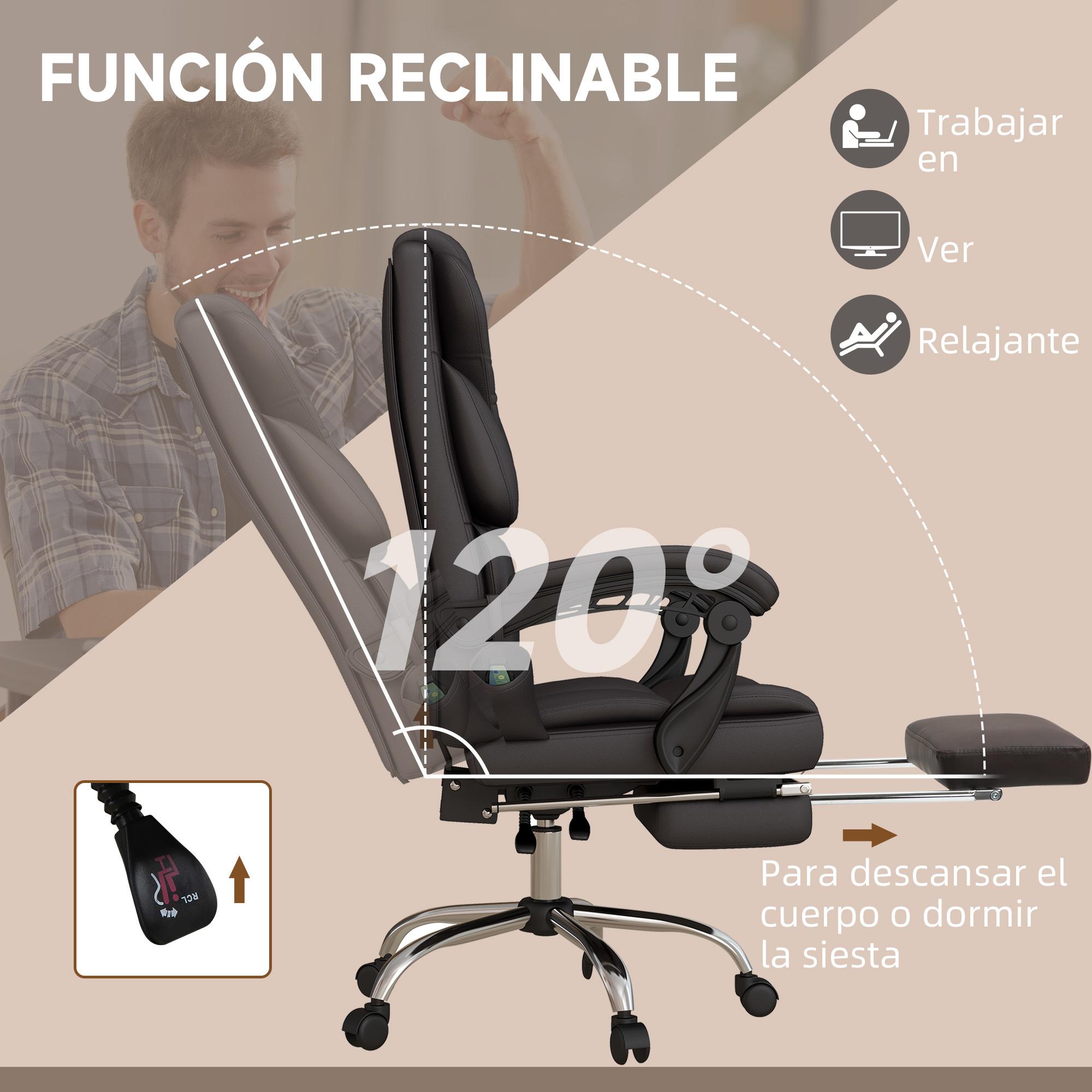 Silla de Oficina con 6 Puntos de Masaje Silla Ejecutiva Reclinable de PU con Control Remoto Altura Ajustable Respaldo Alto Reposapiés y Bolsillo 63x57x118-126 cm Marrón