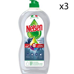 3x Nelsen Detersivo Liquido Extra Sgrassante 5 Azioni ai Carboni Attivi per Piatti - 3 Flaconi da 900ml