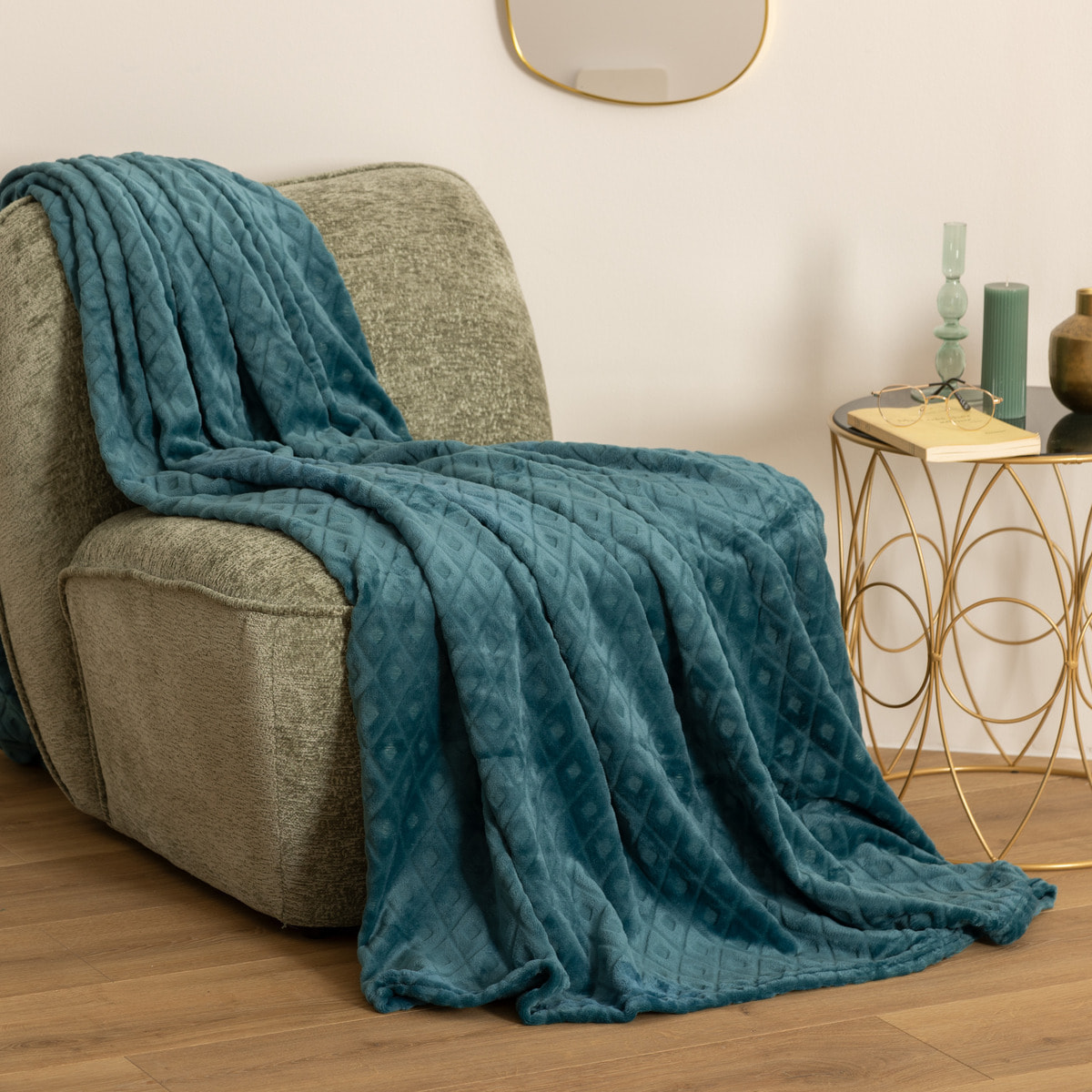 Plaid "3D Losange" en flanelle - bleu canard 180x230 cm