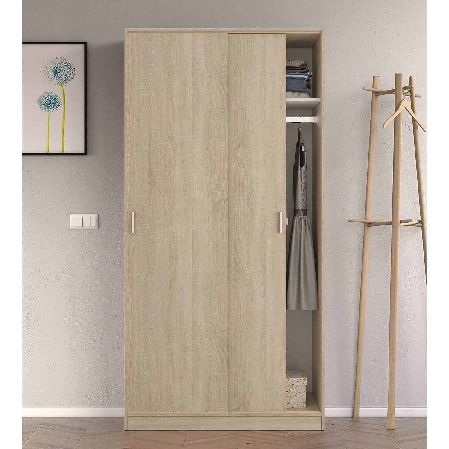 Armadio Guardaroba Vestiti 2 Ante Scorrevoli 1 Ripiano Con Barra Appendiabiti Salvaspazio Ideale Per Camera Da Letto 200 x 100 x 50 Cm Rovere Canadese