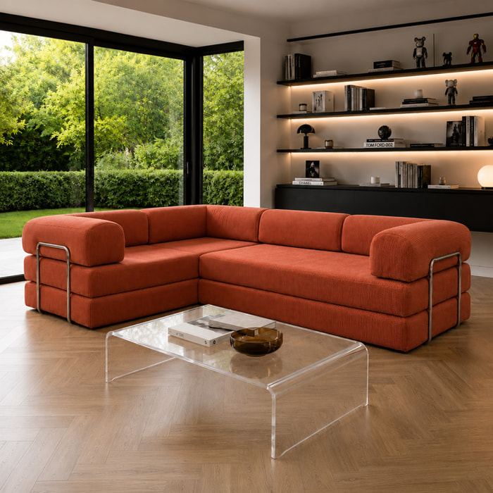 Canapé compressé convertible 5 places à mémoire de forme en velours côtelé terracotta MELLOW