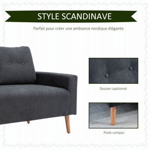 Canapé 2 places design scandinave dim. 145L x 76l x 88H cm pieds bois massif tissu gris foncé