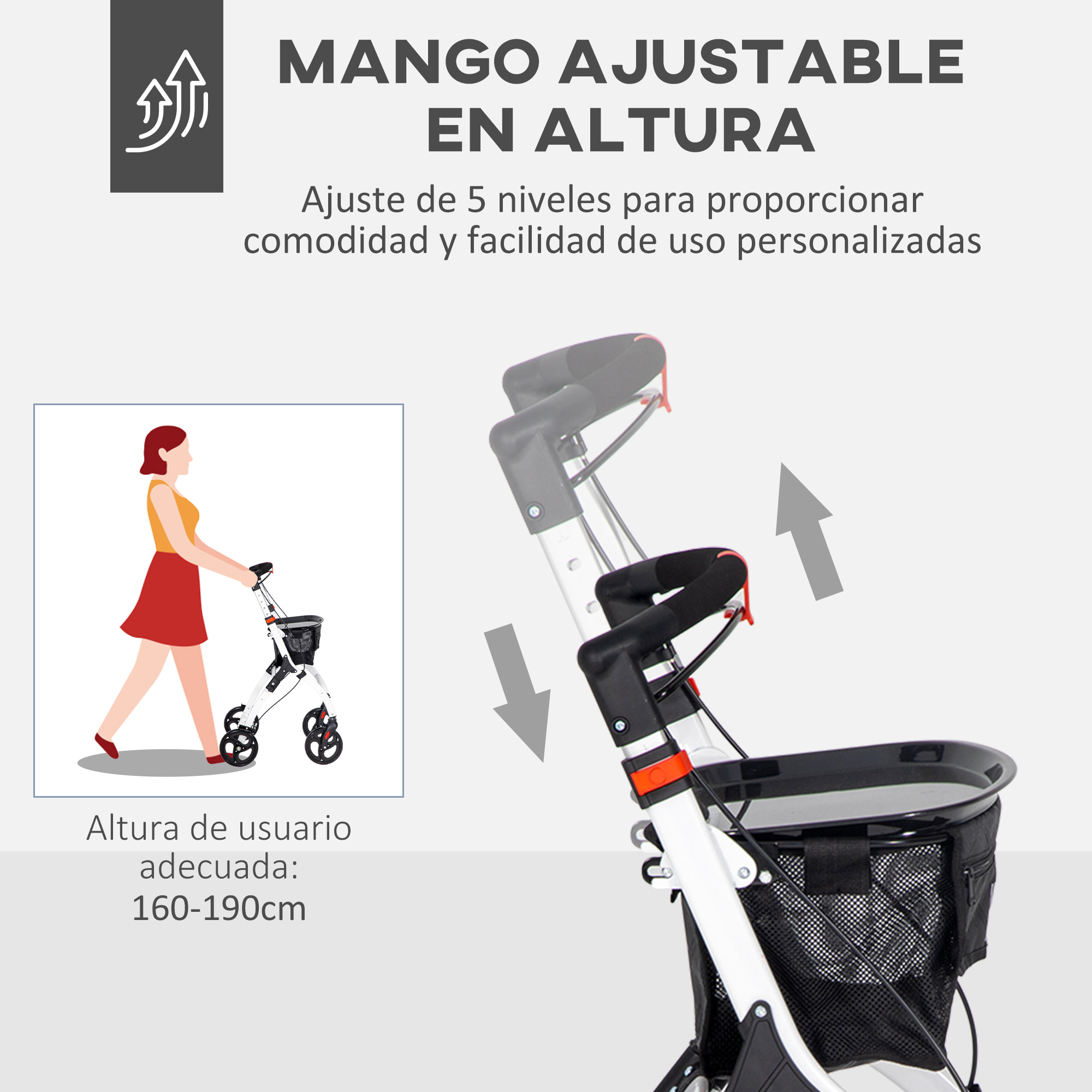 Andador para Ancianos Plegable de Aluminio Andador para Personas Mayores con 4 Ruedas y Bandeja Andador con Altura Ajustable Frenos de Maneta y Bolsa de Transporte Blanco