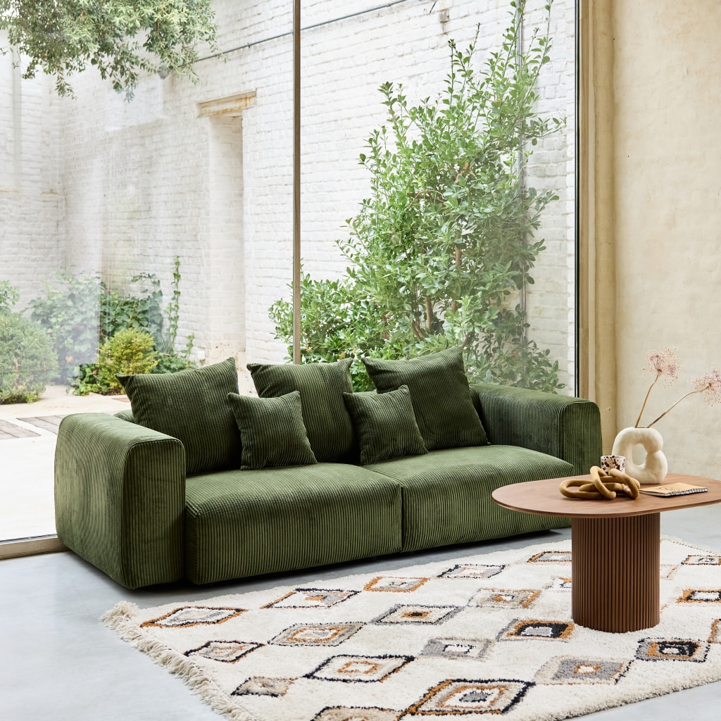 Canapé déhoussable 3 places en velours côtelé grosse côte kaki avec pluie de coussins L 230 x P 97 x H 82cm - Pillow