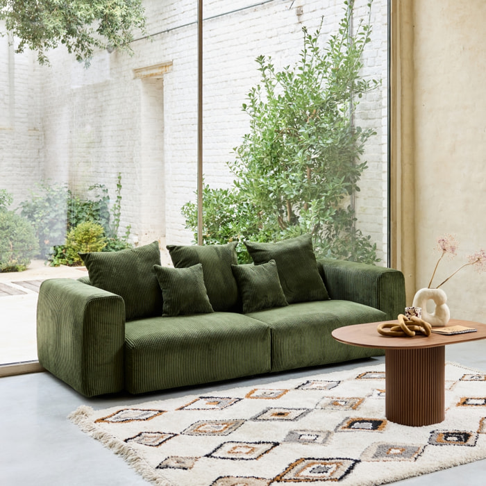 Canapé déhoussable 3 places en velours côtelé grosse côte kaki avec pluie de coussins L 230 x P 97 x H 82cm - Pillow