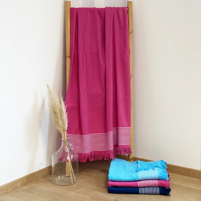 Fouta doublée éponge - Paski Fuchsia - 140x180cm - 300g/m²
