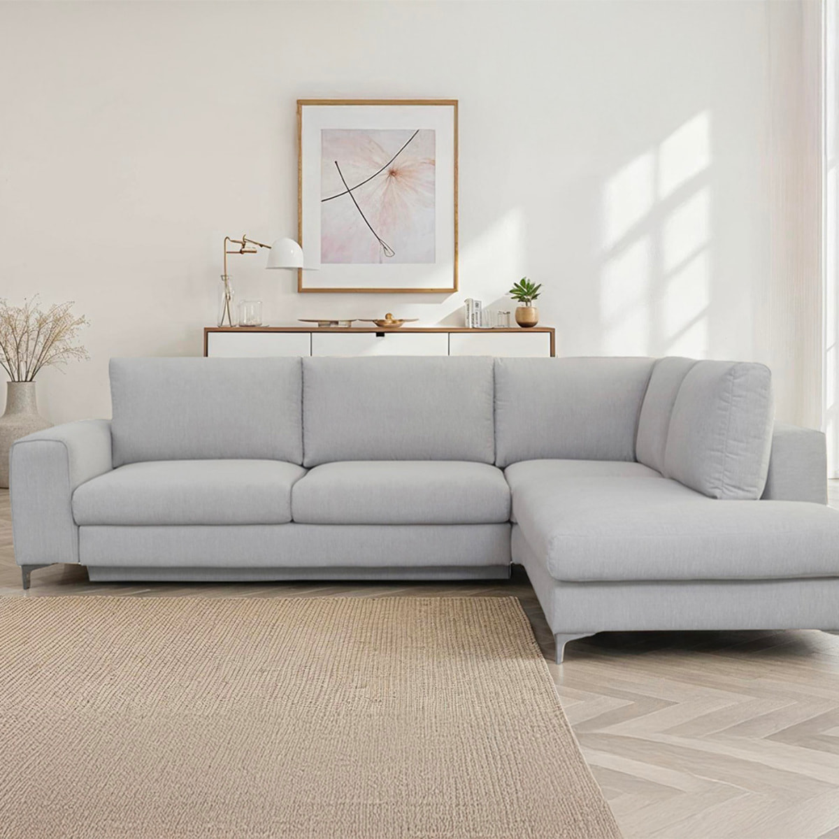 Canapé d'Angle Droit Tissu Fiesole, 3 Places, Couchage Intégré, Coffre de Rangement, Housse Déhoussable