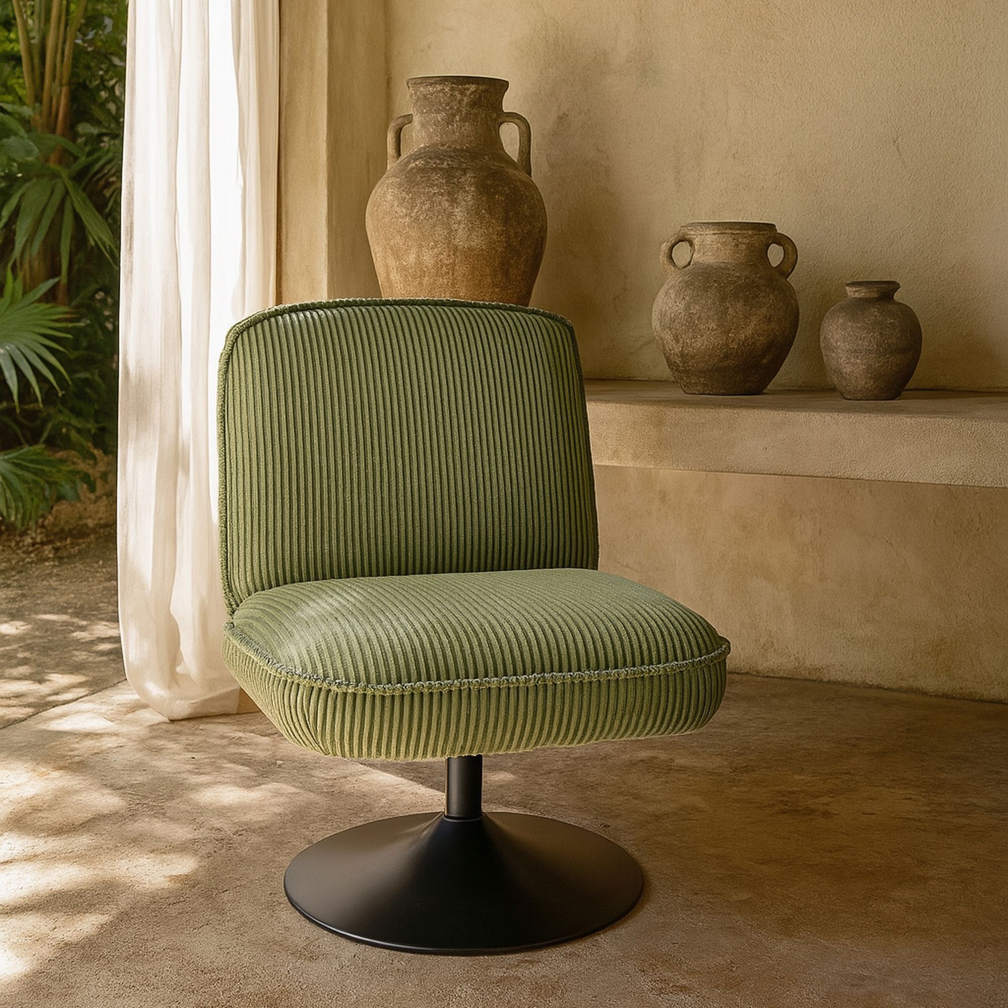Fauteuil pivotant en velours vert et pied en métal noir FUNKY