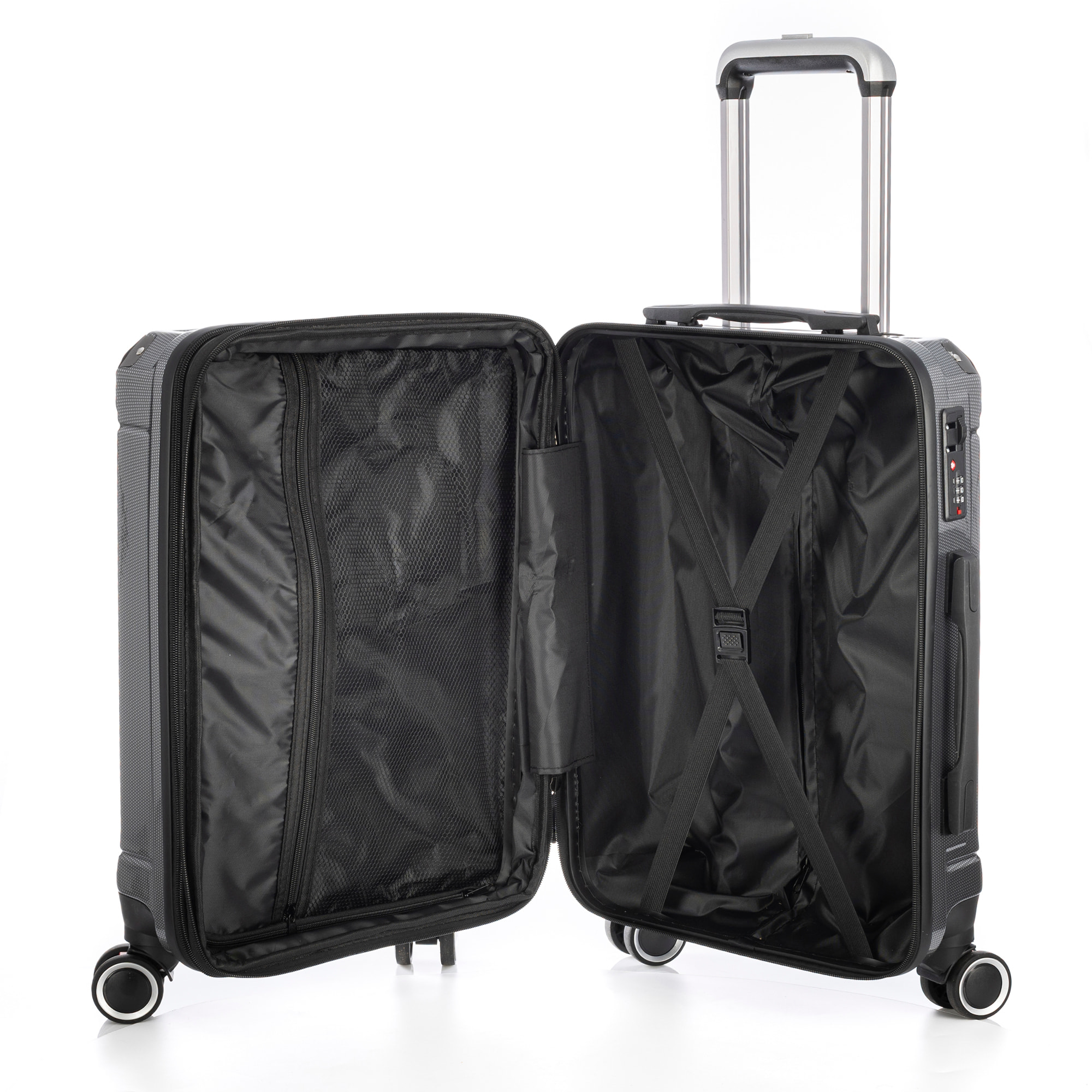 DAM Valigia da cabina Trolley estensibile in materiale leggero ABS+PC ad alta resistenza con angoli rinforzati. Chiusura numerica TSA, 4 ruote doppie rimovibili e girevoli a 360°. 37x24x56 Cm. Colore: Grigio Scuro