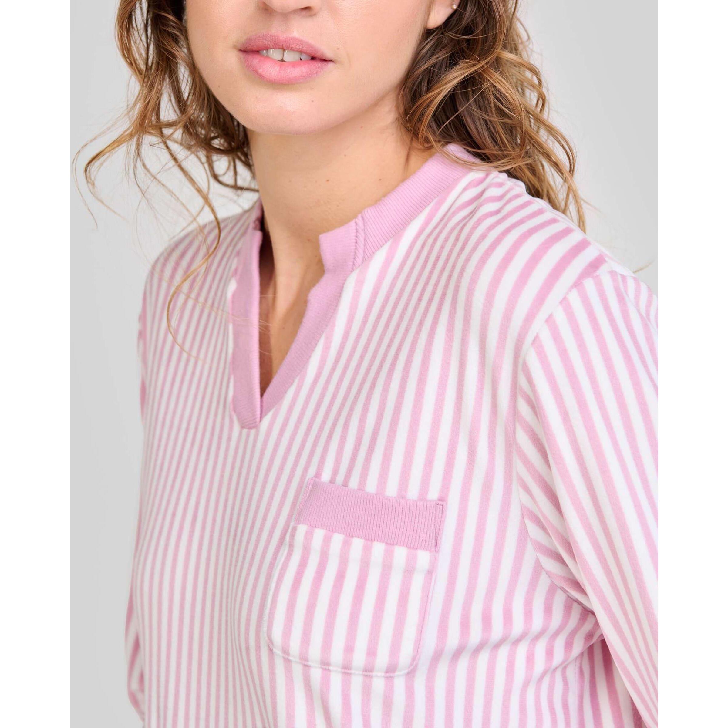 Pijama mujer suave tejido de rayas con escote y aberturas elásticas, manga larga y pantalón largo
