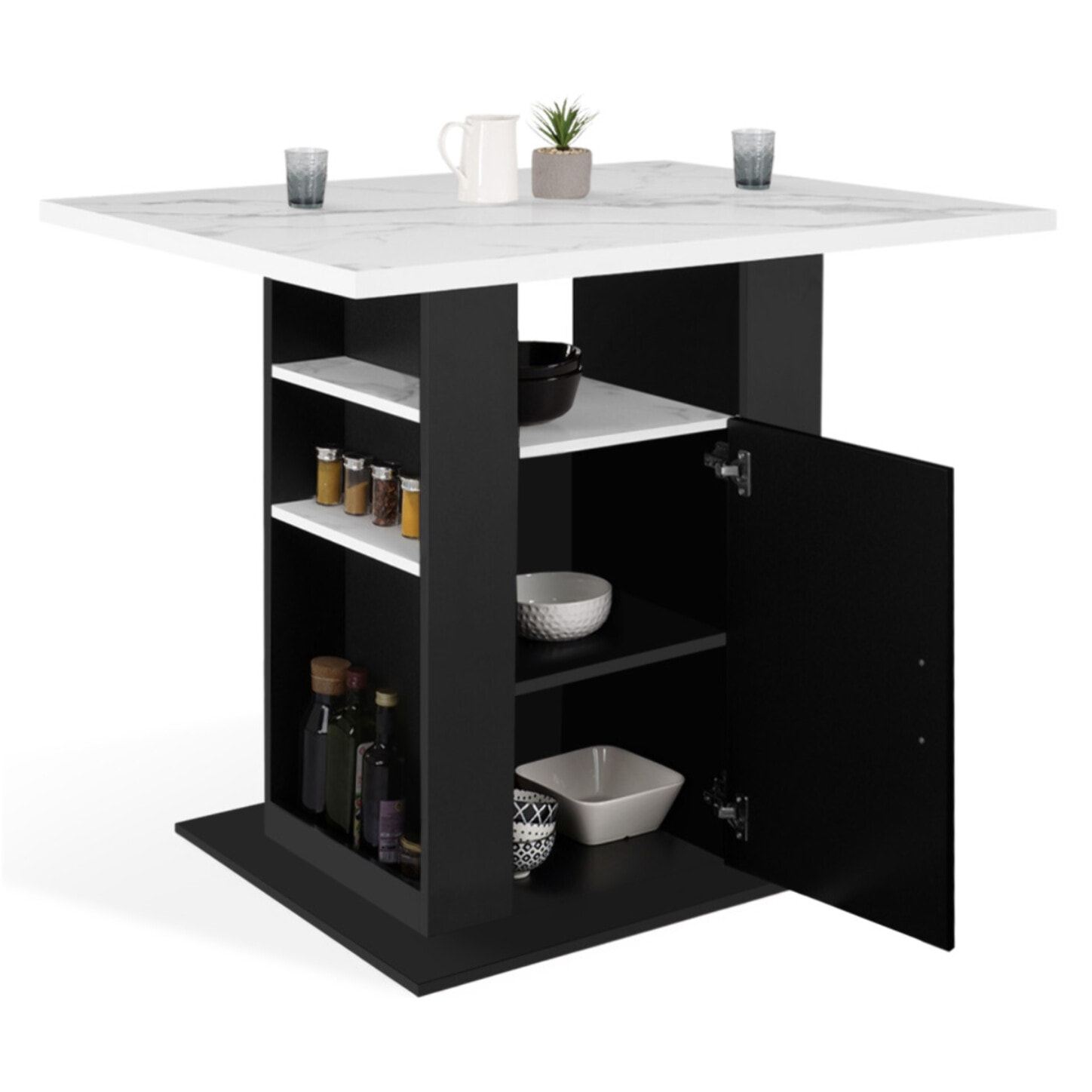 Ilot central de cuisine Théo L110cm effet marbre et noir