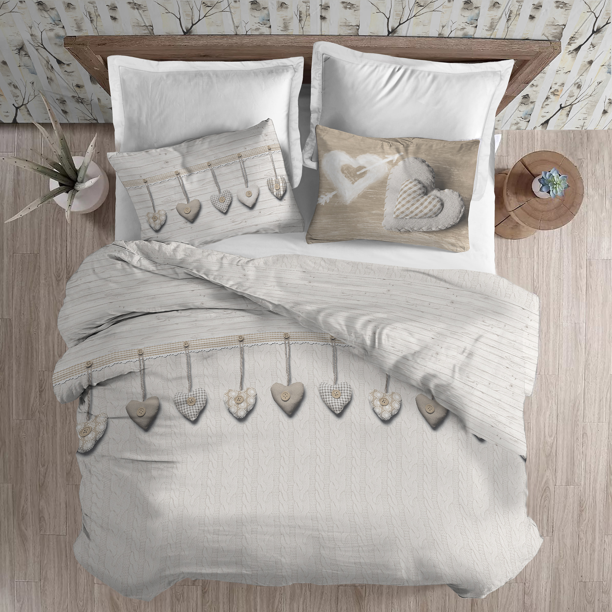 Parure copripiumino in flanella cuore appeso beige 100% cotone