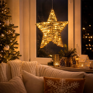 Estrella navideña led dorada para colgar con 20 microled blanco cálido, con temporizador 30x8x30 cm