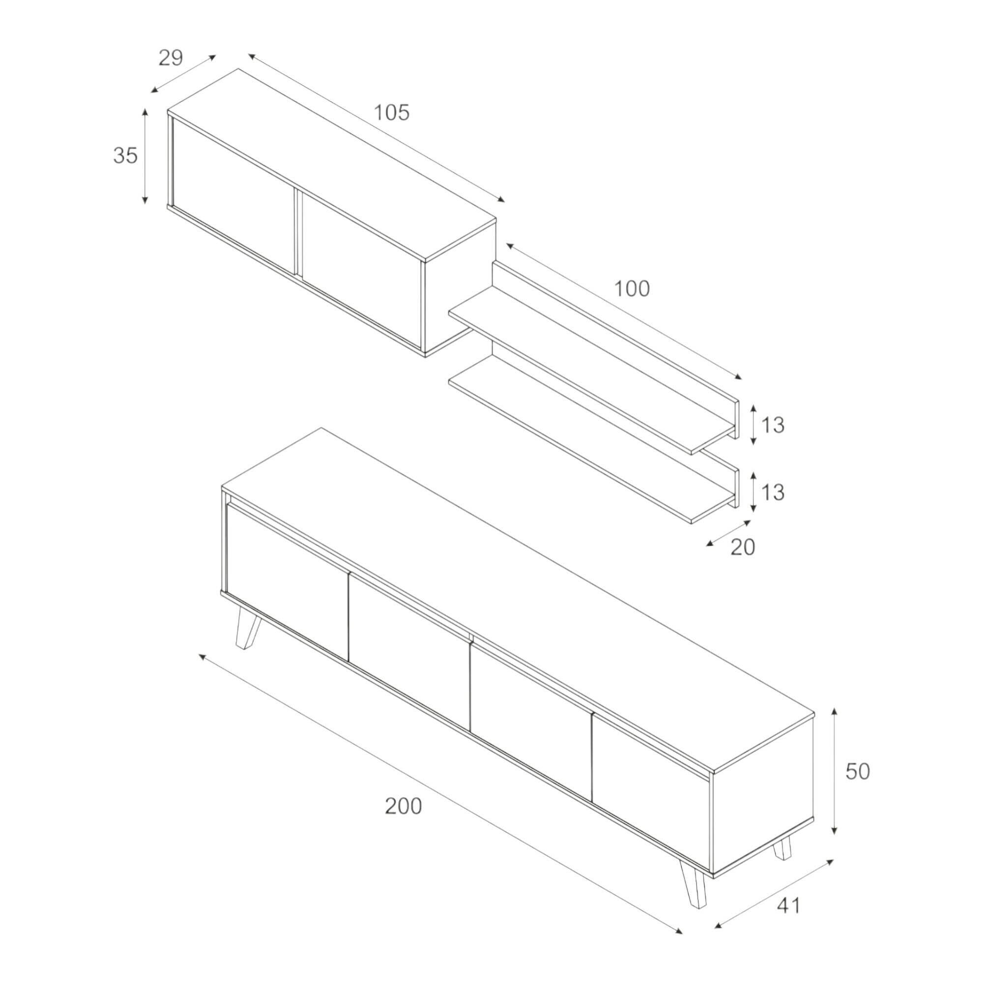 Parete attrezzata Orlando, Mobile da soggiorno porta TV, Composizione per salotto con pensile e mensola, cm 200x50h41, Bianco e Rovere