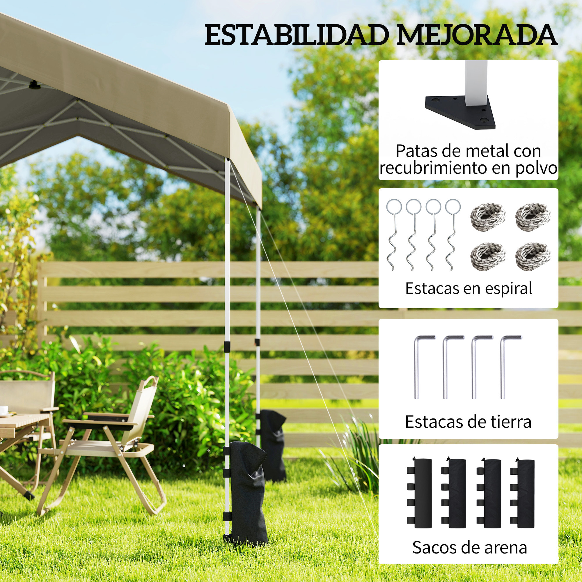 Carpa Plegable 2,4x2,4 m, Pop-up, Cenador de Jardín con UPF50+, Bloqueo Central, Altura Ajustable, Bolsa de Transporte, Sacos Arena, Gazebo para Exterior, Beige