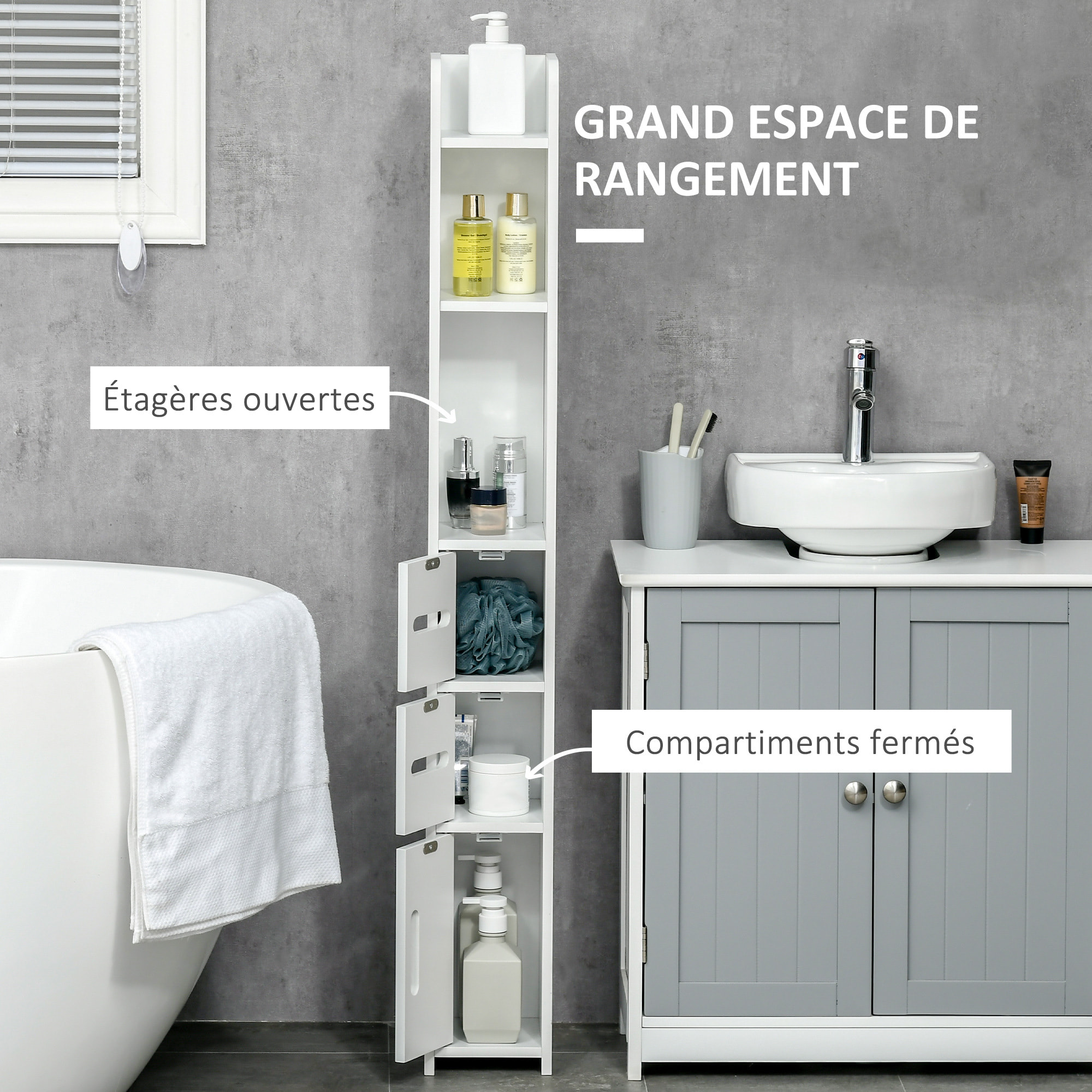 Meuble bas colonne rangement salle de bain WC 3 portes 2 niches étagère blanc