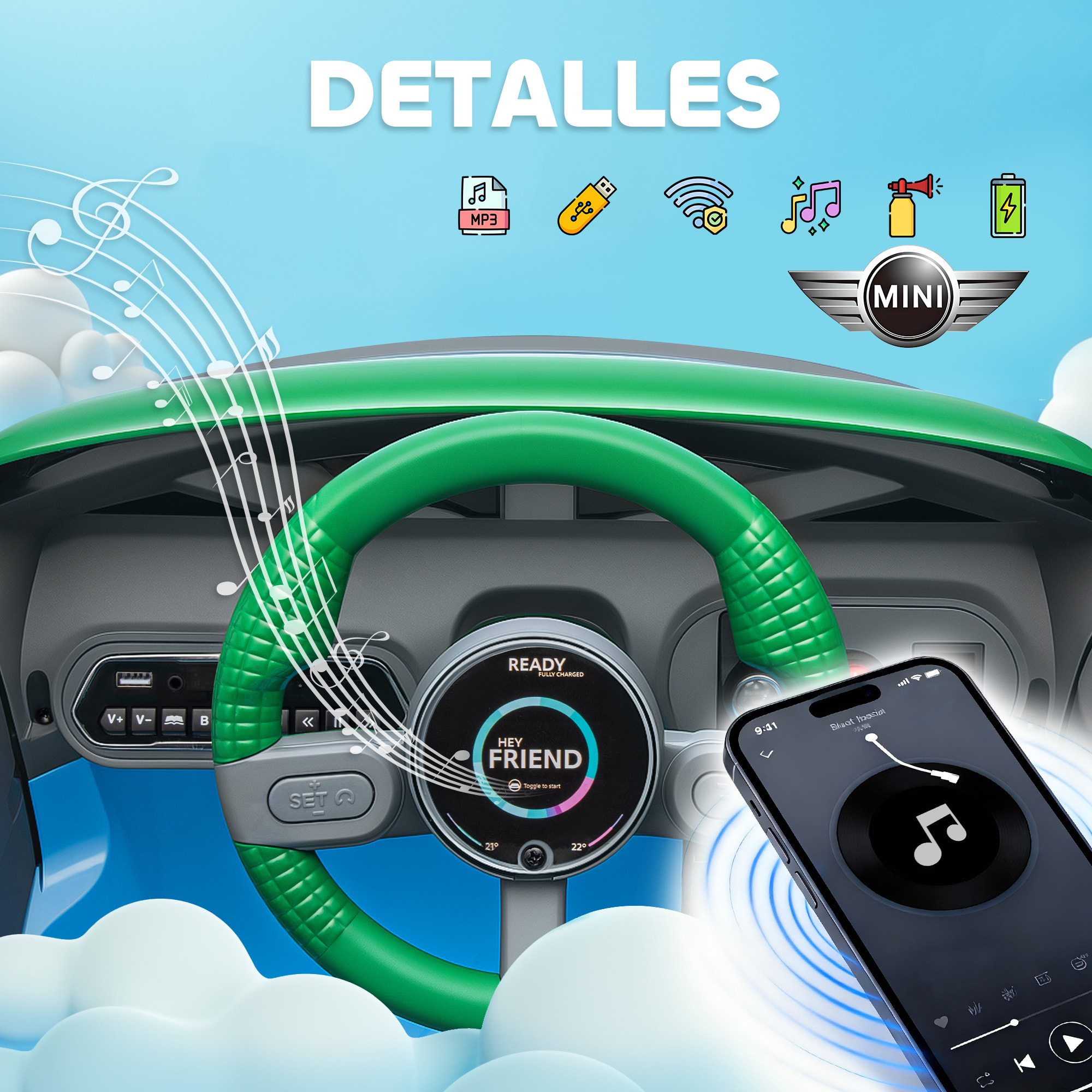 Coche Eléctrico para Niños de +3 Años, MINI Concept Aceman, Coche de Batería 12V, con Bluetooth, Mando a Distancia 2,4 G, Motor Doble, Suspensión Trasera, Faros, Música, USB, Azul