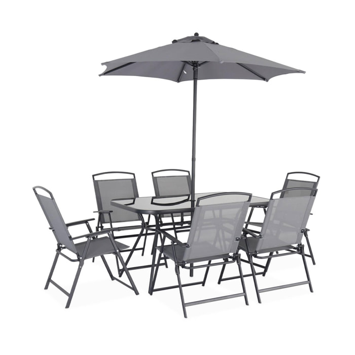 Table de jardin avec 6 fauteuils pliants gris et un parasol 2m. anthracite. structure acier avec revêtement anti rouille