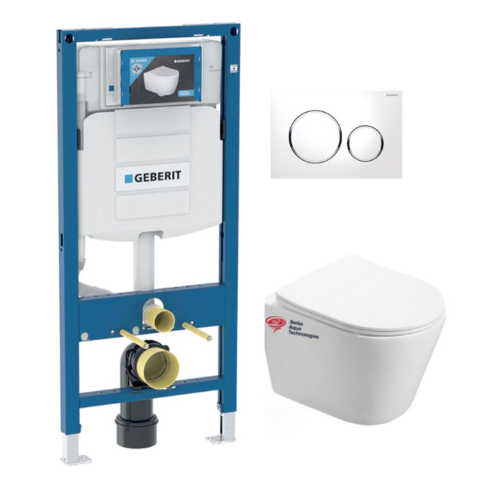 Pack WC Bâti Geberit Duofix + WC suspendu Swiss Aqua Technologies sans bride + abattant SoftClose + plaque (GEBINFINITIO-C)