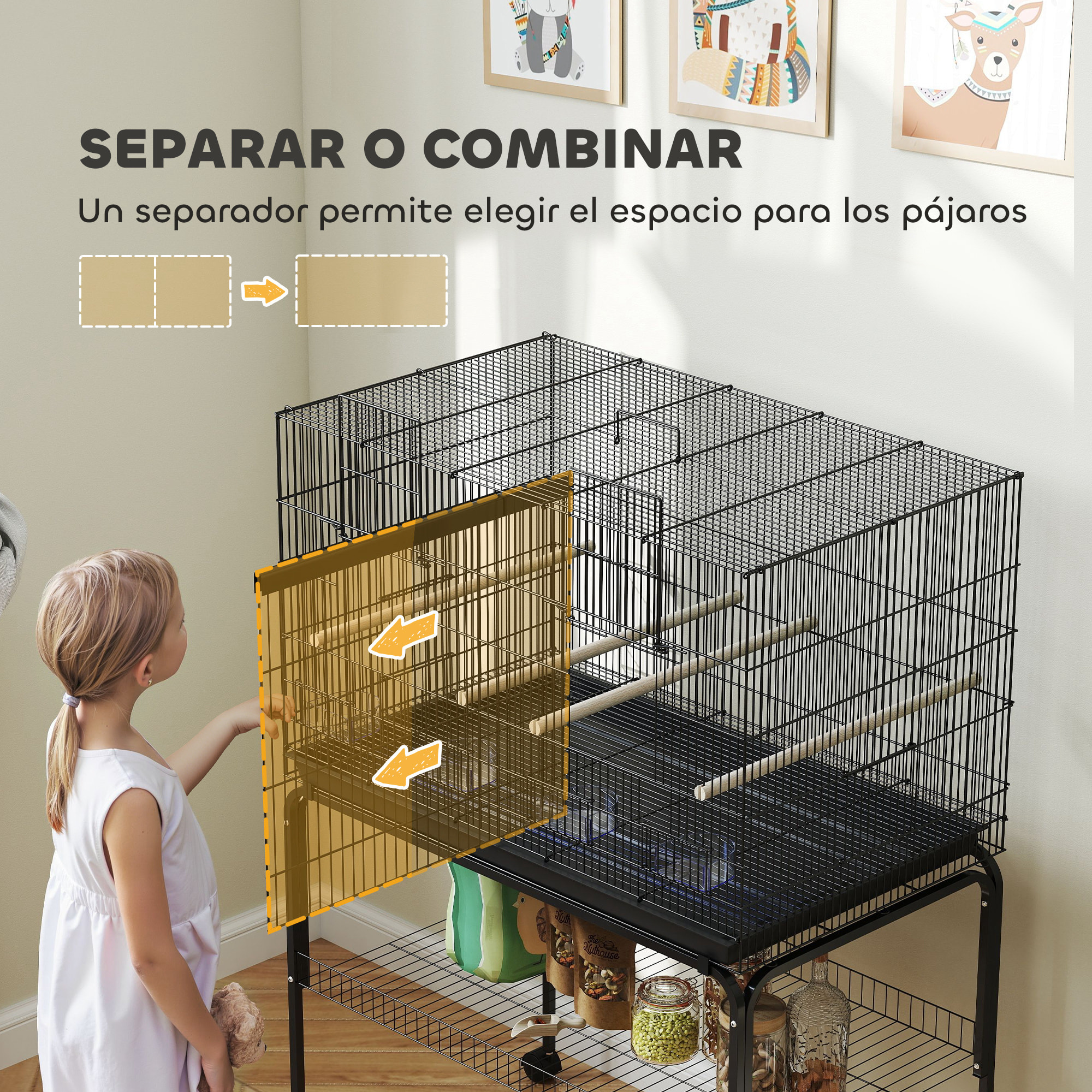 Jaula para Pájaros con Divisor Jaula con Ruedas para Mascota Aves Loros Canarios Pajarera con Comederos Perchas y Bandeja Extraíble 94x57x128 cm Negro