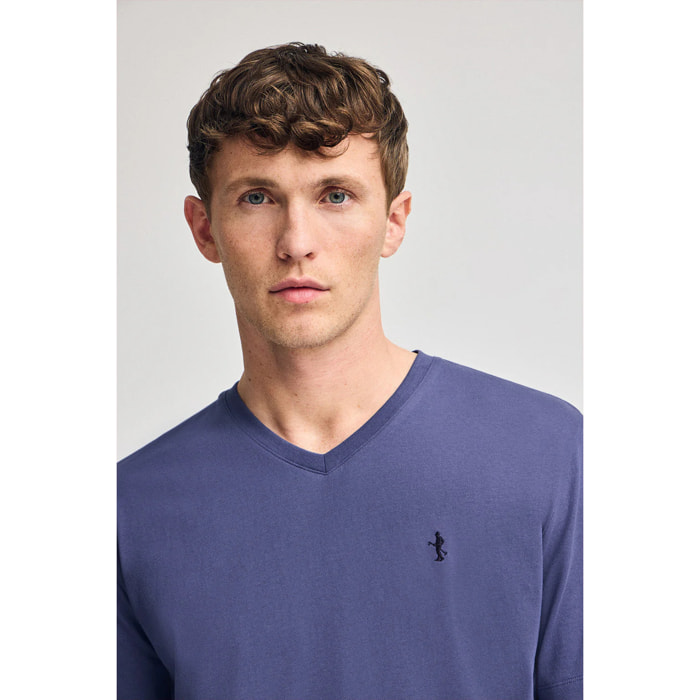 Maglietta viola azzurrino marino a maniche corte e scollo a V con ricamo Rigby Best