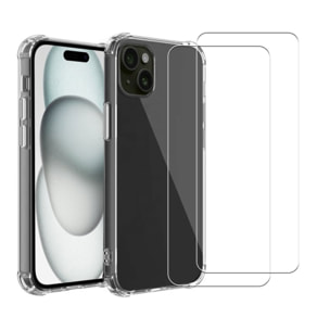 Coque iPhone 15 Plus Antichoc Silicone bords renforcés + 2 Vitres en verre trempé Protection écran