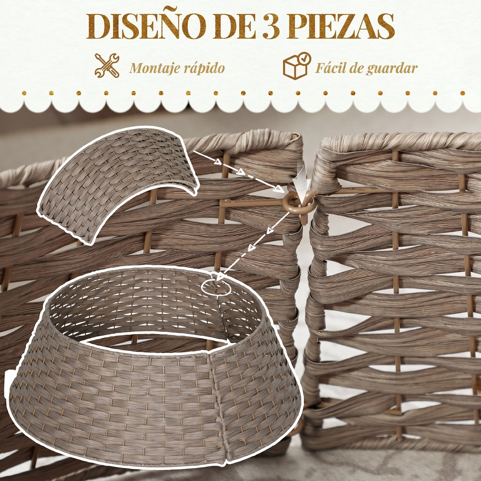 Falda para Árbol de Navidad Rústico, Diseño Tejido, Cubre Pie para Árbol de Navidad Desmontable para Fiestas, Decoración Navideña, Ø68x22 cm, Café