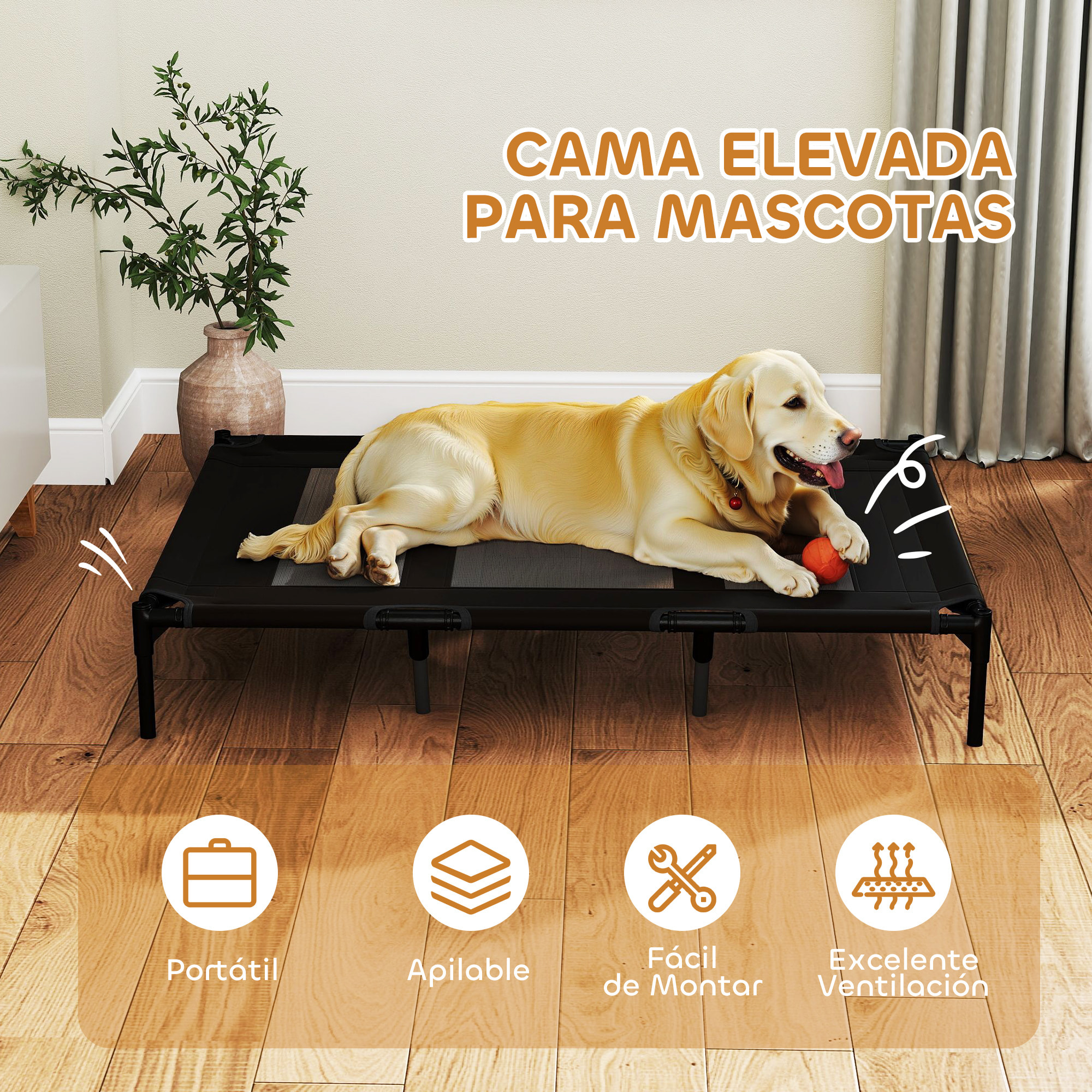 Cama Elevada para Perros Gatos Portátil Cama para Mascotas con Zona de Malla Transpirable y Tela Oxford para Interior Exterior 122x92x23 cm Negro