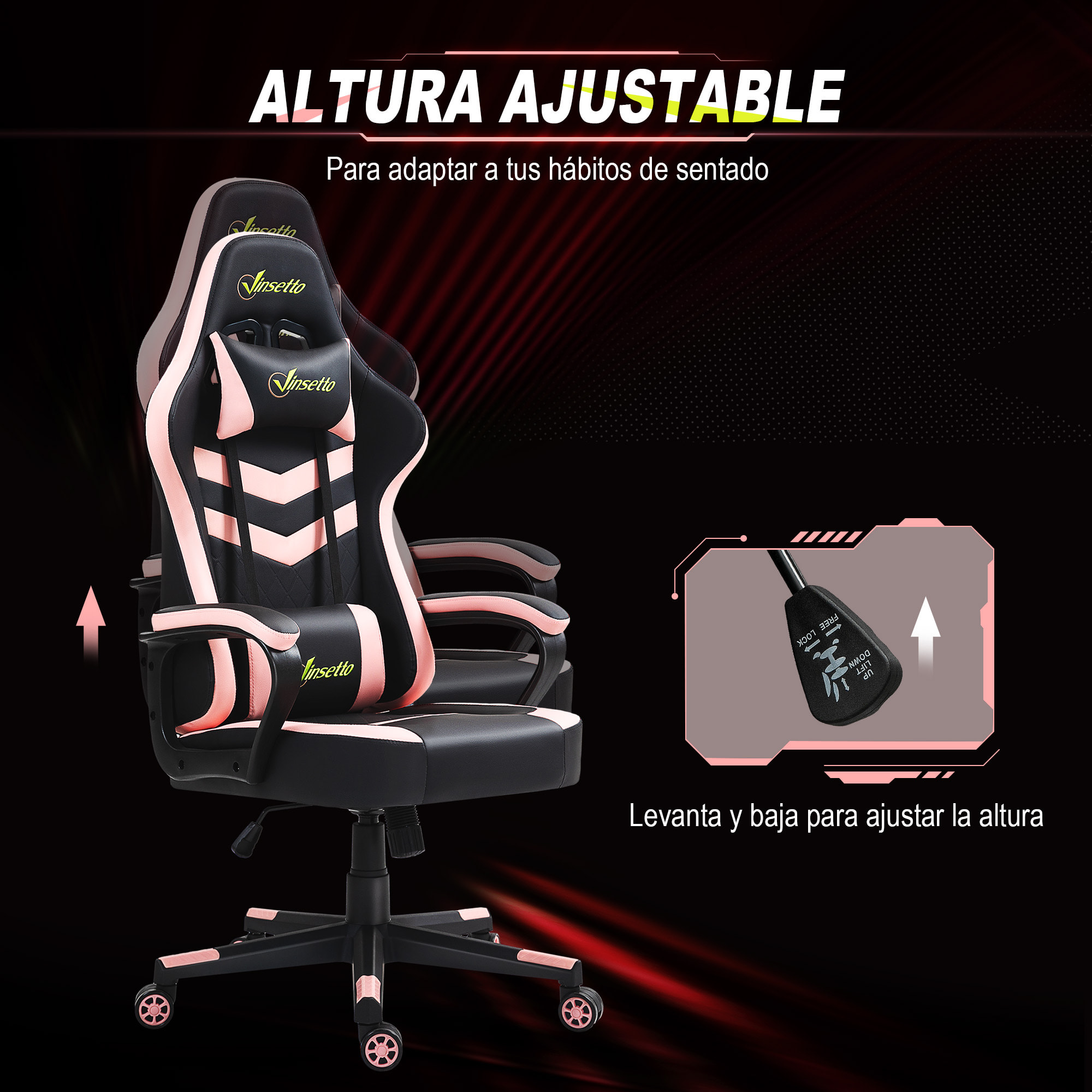 Silla Gaming Silla Gamer Basculante con Altura Ajustable Giratoria Reposacabezas y Lumbar Desmontable Silla de Oficina Estudio Rosa