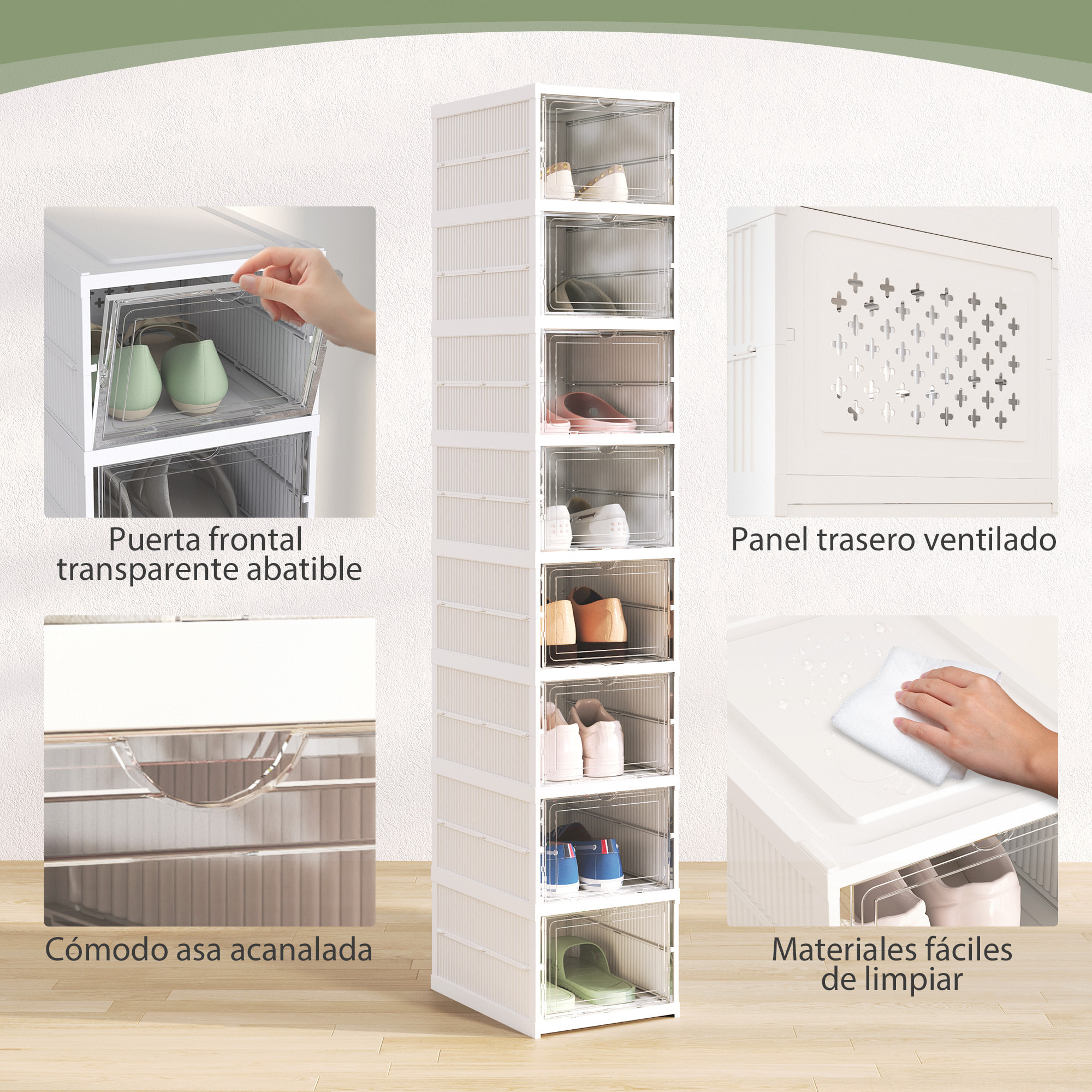 Cajas para Zapatos Apilables, Juego de 8 Organizadores para Zapatos Portátil, Zapatero Plegable con Puertas Transparentes, hasta Talla 43, No Requiere Montaje, Blanco