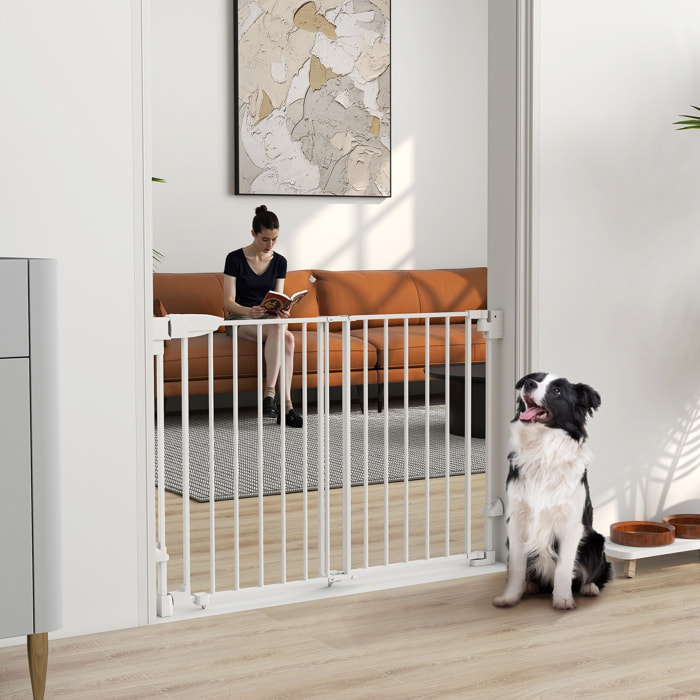 Barrera de Seguridad para Perros, Ancho 74,5-111,5 cm, Puerta para Perros para Puertas y Escaleras con Pestillo, Cierre Automático, Uso con Una Mano, Montada en la Pared, Sin Umbral, Blanco
