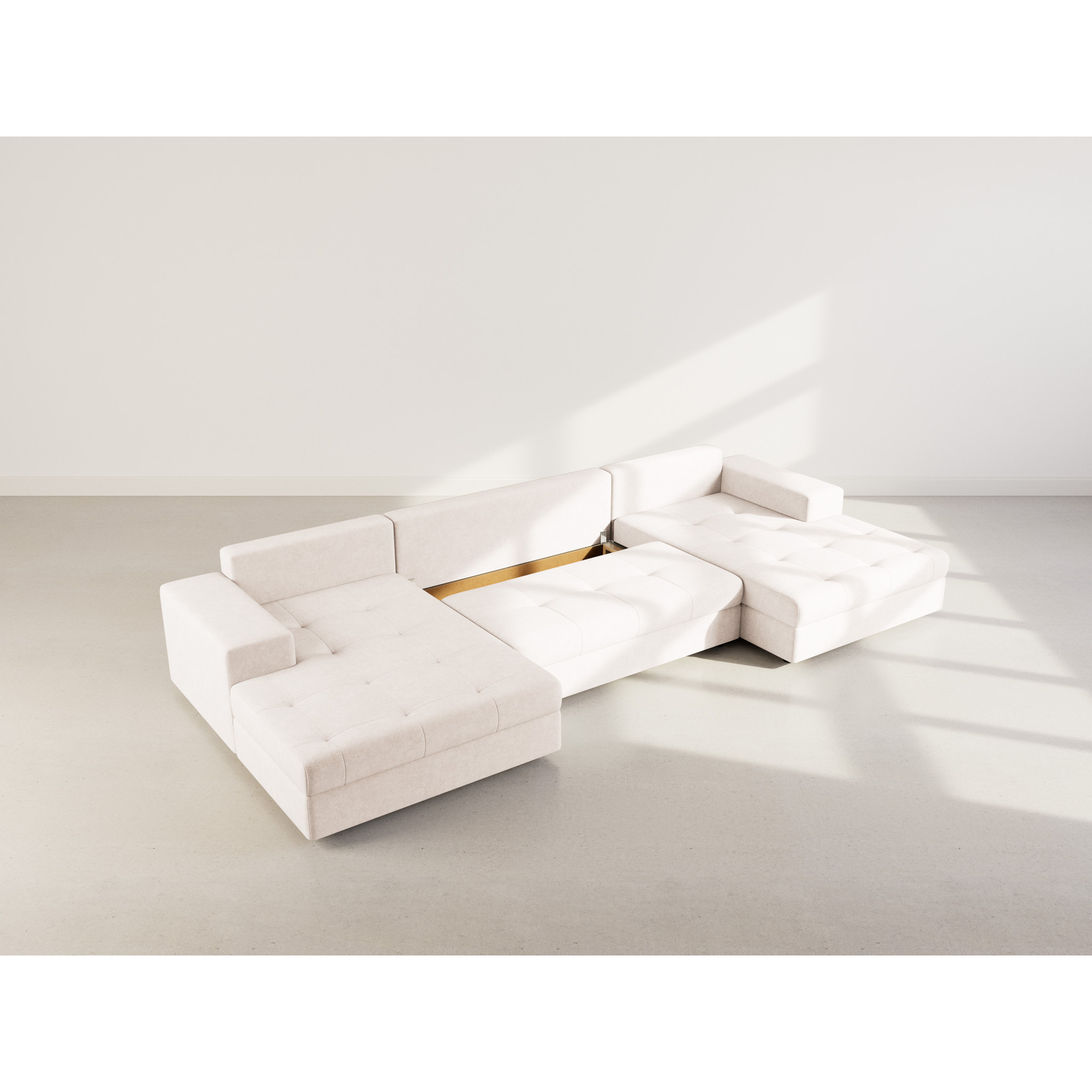 Bastian - canapé panoramique en U 7 places convertible avec coffre en velours texturé - Beige