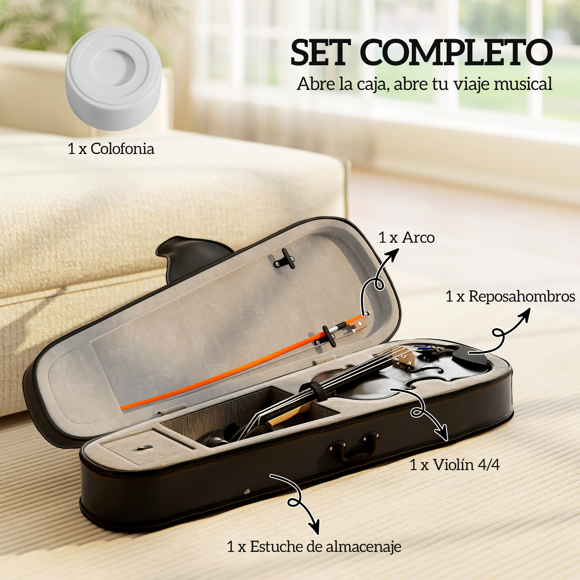 Violín 4/4 de Tamaño Completo de Madera, Set de Violín para Principiantes, Adultos y Niños, con Estuche Ligero, Arco, Colofonia, Afinadores, Cuerdas y Soporte para Hombro, Negro