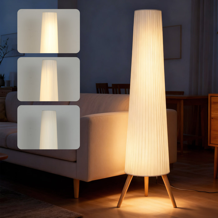 Lámpara de Pie con Trípode, Brillo Ajustable 3 Niveles, Lámpara Salón Nórdica con Interruptor de Pie, Patas de Madera y Pantalla de Tela, para Dormitorio, Oficina, Decoración, Blanco