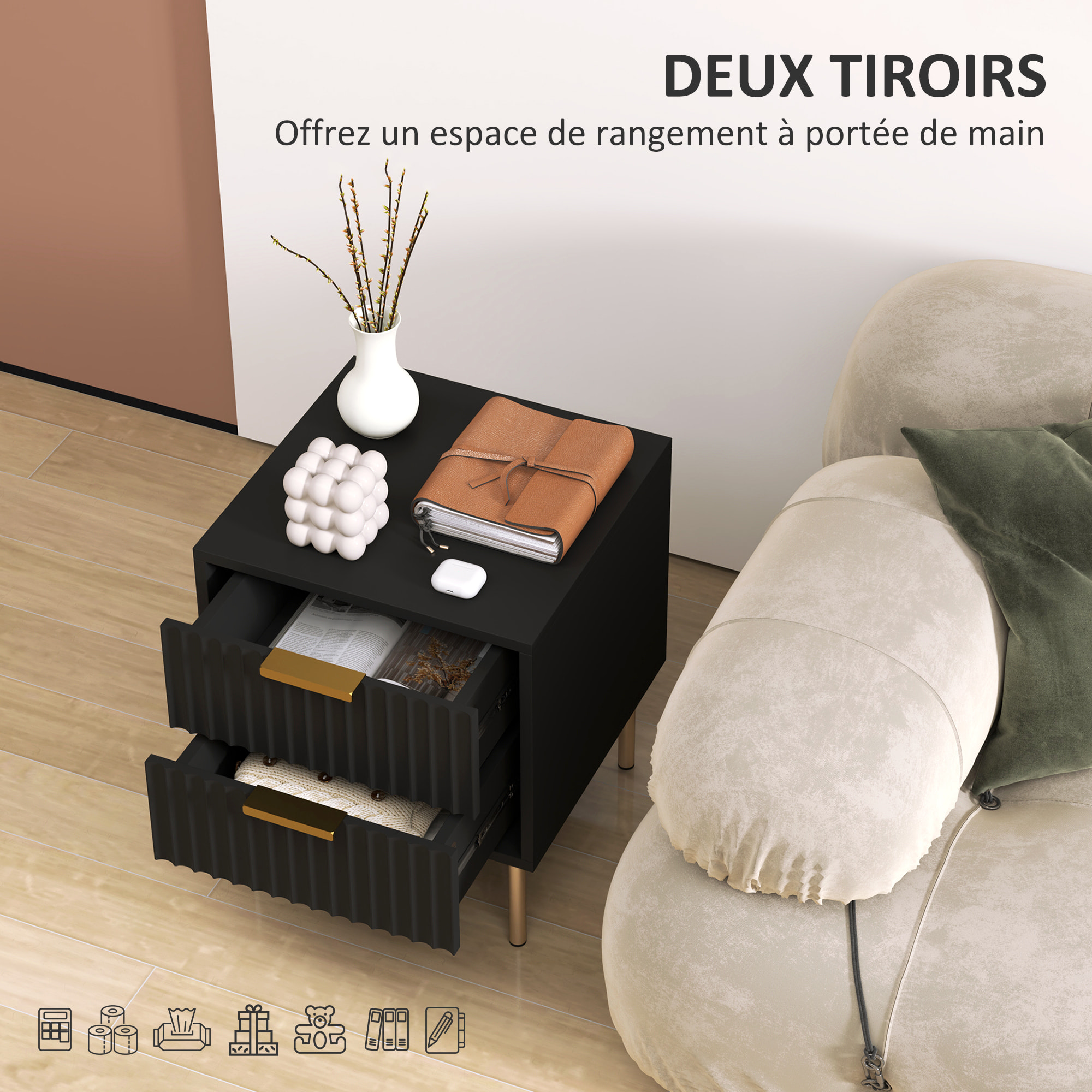Chevet design contemporain 2 tiroirs effet cannelé coloris champagne doré noir