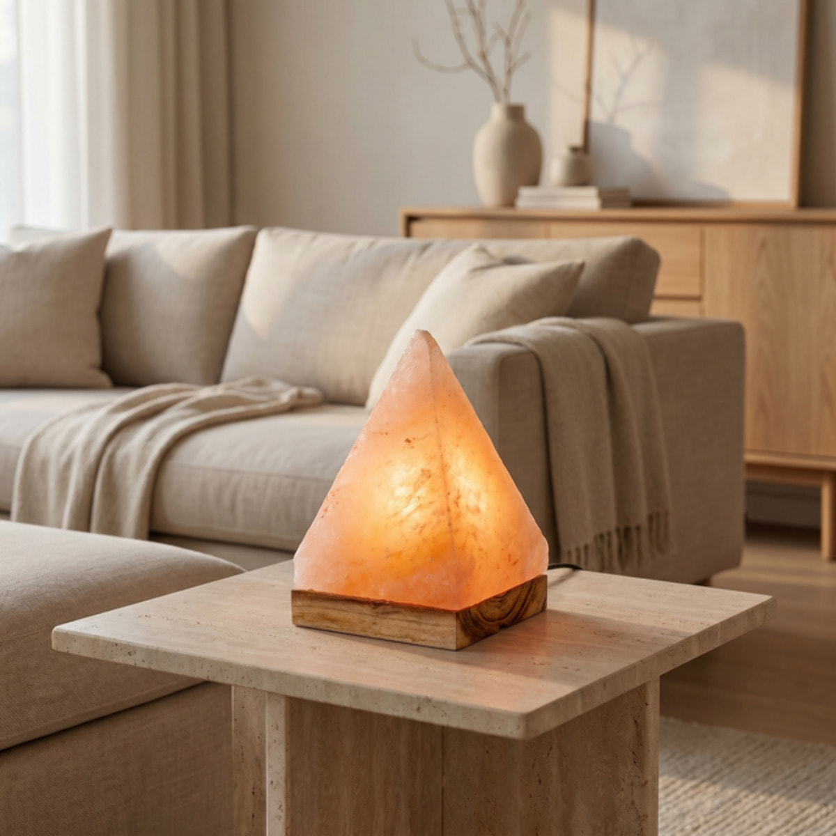 Lampada di sale himalayano piramide 13x20 cm, lampada sale rosa naturale con base in legno acacia, luce calda rilassante decorativa, ideale per camera salotto meditazione e idea regalo benessere