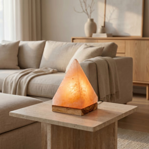 Lampada di sale himalayano piramide 13x20 cm, lampada sale rosa naturale con base in legno acacia, luce calda rilassante decorativa, ideale per camera salotto meditazione e idea regalo benessere