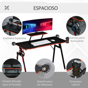 HOMCOM Mesa Gaming para Computadora PC Ergonómica Escritorio con Soporte para Monitor y Altavoz Portavasos Gancho para Auriculares Fibra de Carbono 120x60x94,5 cm Negro