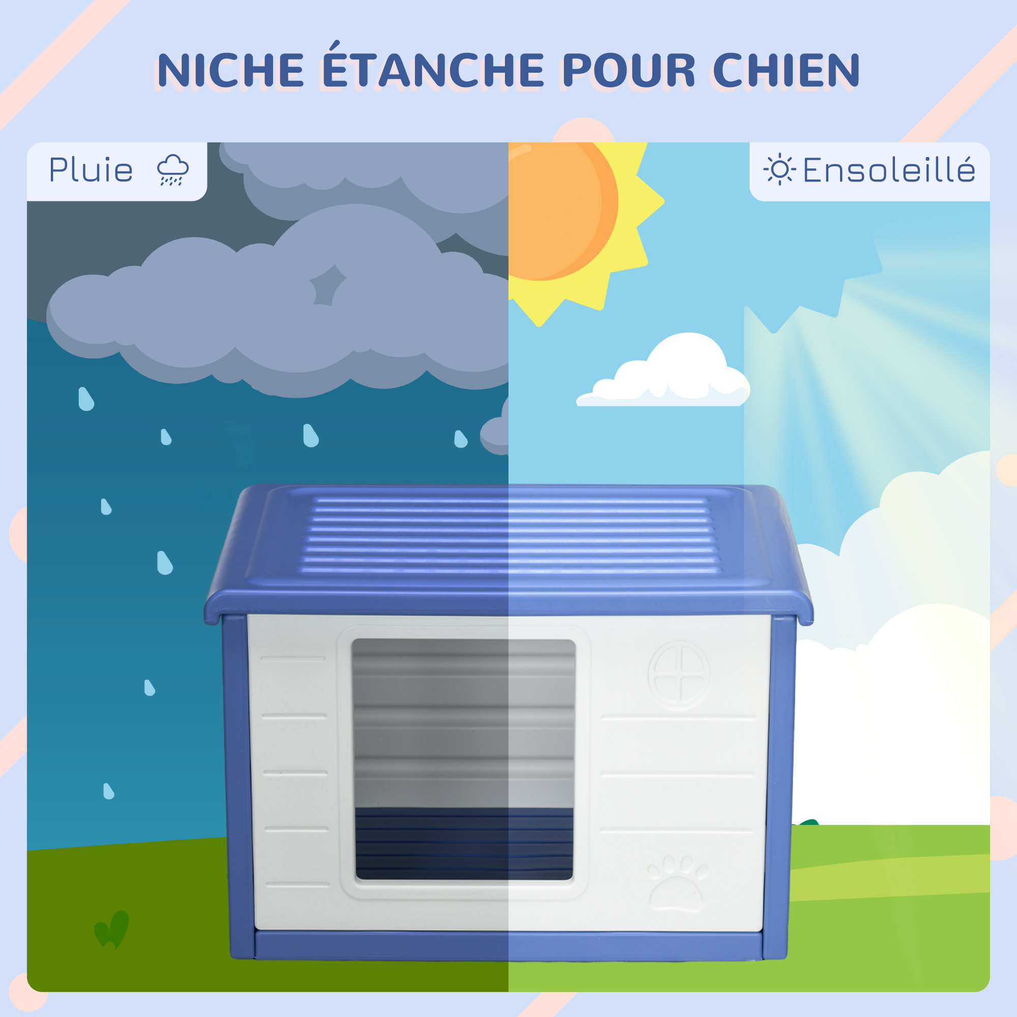 Niche pour chien design - dim. 60L x 42l x 40Hcm - PE bleu blanc