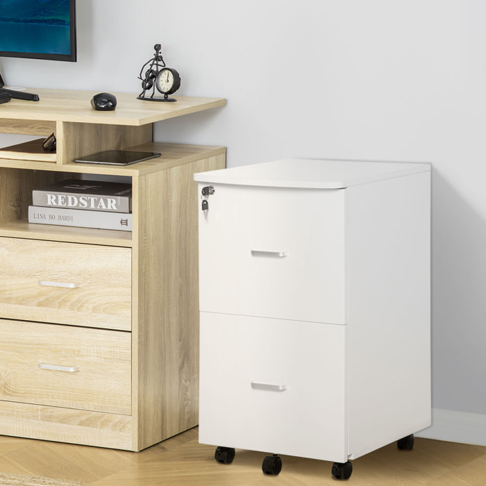 Cajonera de Oficina Mueble Auxiliar para Archivos con 2 Cajones Cerradura de 2 Llaves 5 Ruedas y 2 Frenos para Estudio Despacho Dormitorio 43x45x72 cm Blanco