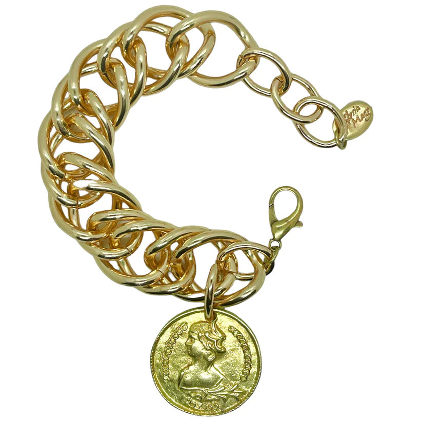 Pulsera Dorado eslabón grande doble con moneda