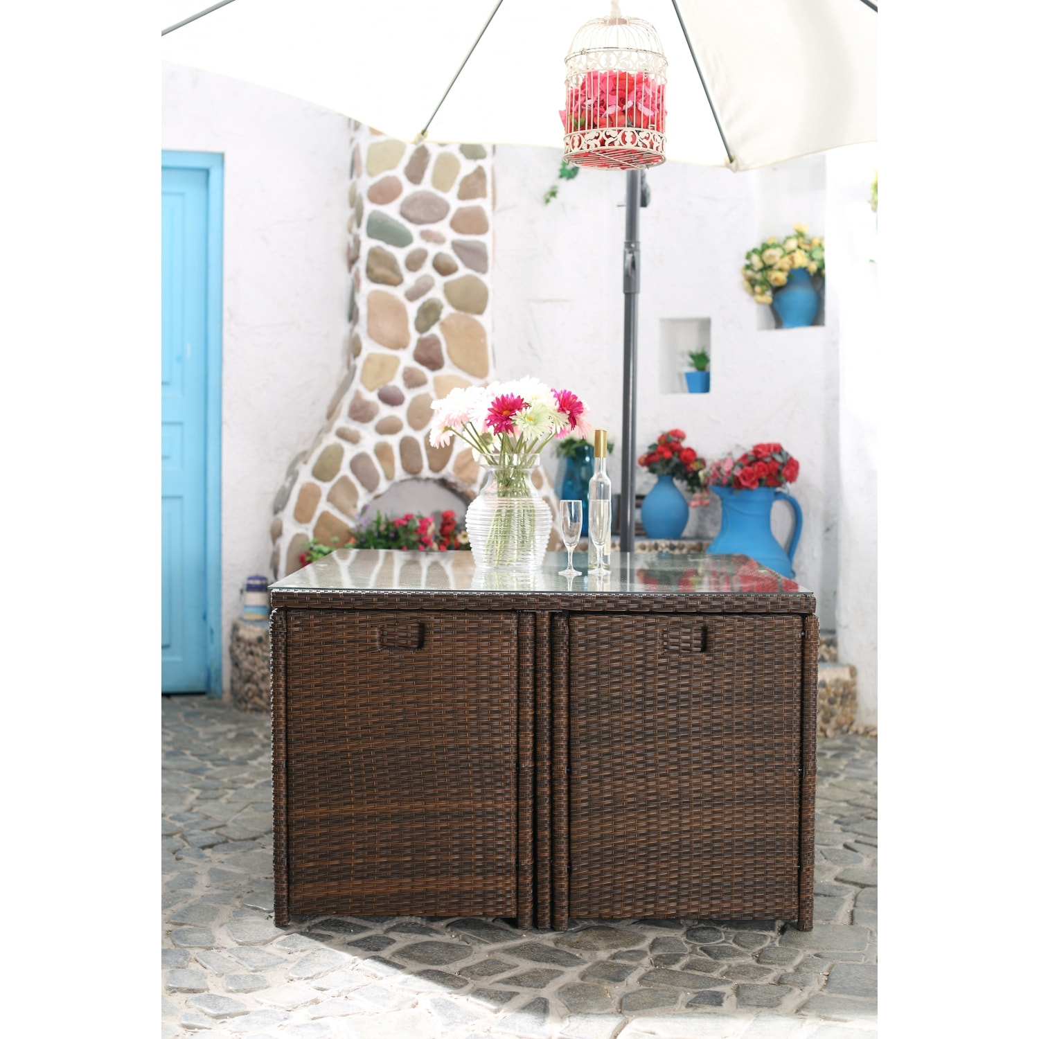 Salon de jardin 8 places marron-blanc + housse de protection REGINA